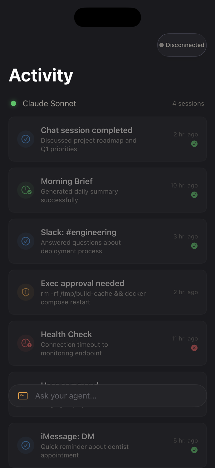 Pincer Activity feed showing live agent sessions